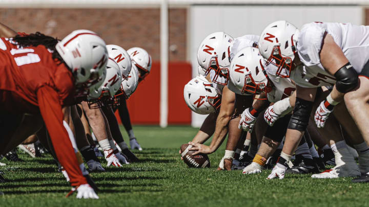 Offensive and defensive lines during Nebraska football practice