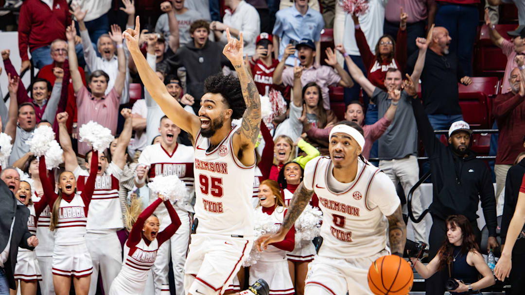 Alabama guards Houston Mallette and Labaron Philon Jr finish the game against Arkansas on Feb. 18, 2026.