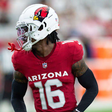 Arizona Cardinals cornerback Max Melton (16) warms up before a preseason game on Aug. 10, 2024 at State Farm Stadium in Glendale.