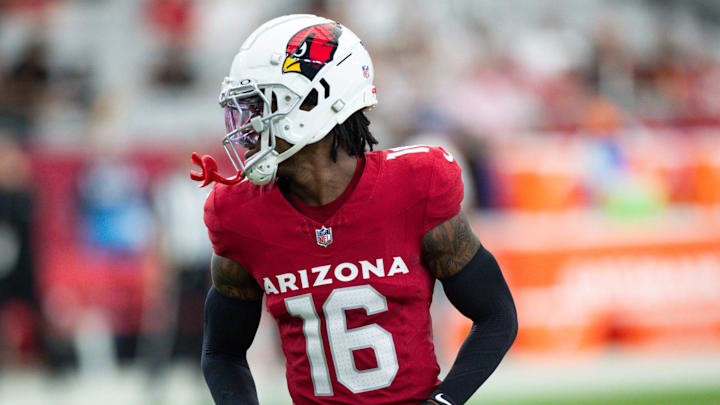 Arizona Cardinals cornerback Max Melton (16) warms up before a preseason game on Aug. 10, 2024 at State Farm Stadium in Glendale.