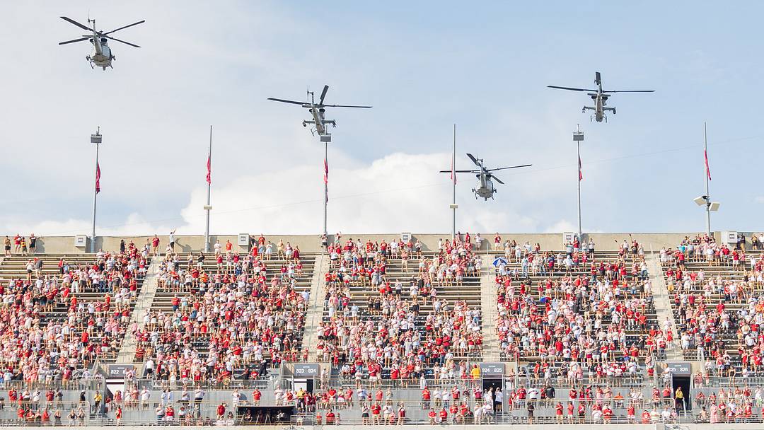 Marine Helicopters fly over Bryant Denny Stadium before the game against FSU on Sept 19, 2026.