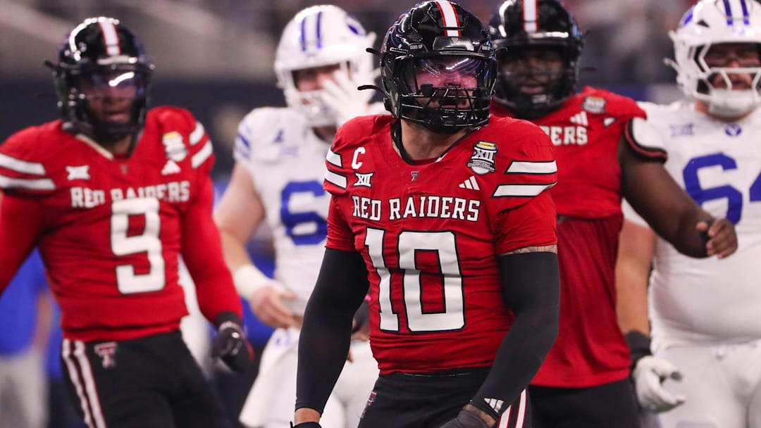 Texas Tech's Jacob Rodriguez gets up after making a tackle against BYU during the Big 12 Conference championship football game, Saturday, Nov. 6, 2025, at AT&T Stadium in Arlington.