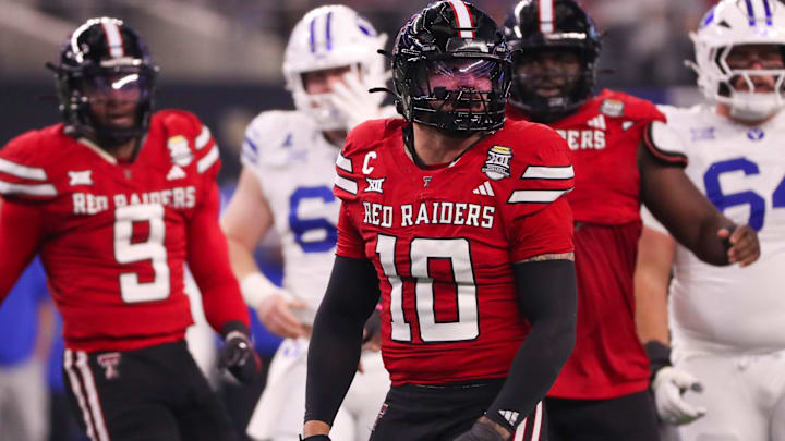 Texas Tech's Jacob Rodriguez gets up after making a tackle against BYU during the Big 12 Conference championship football game, Saturday, Nov. 6, 2025, at AT&T Stadium in Arlington.