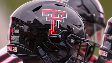D'Anthis Upshaw Jr.'s helmet is seen before the Texas Tech football team's spring game, Saturday, April 19, 2025, at Jones AT&T Stadium.