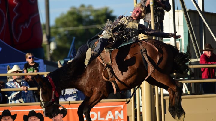 A cowboy competing at the Reno Rodeo