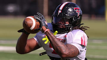 Texas Tech's Terrance Carter Jr. catches a pass during spring football practice, Thursday, April 10, 2025, at the Womble Football Center.