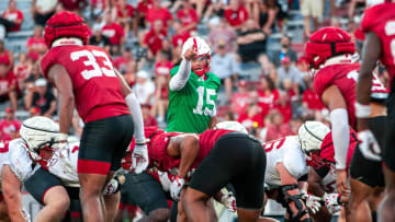 Dylan Raiola calls signals during Nebraska football's public scrimmage on Aug. 3, 2024.