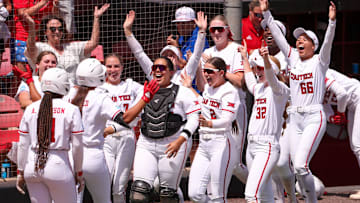 Texas Tech players react to Lauren Allred's home run against Mississippi State to end a game in the Lubbock Regional of the 2025 NCAA softball tournament, Saturday, May 17, 2025, at Rocky Johnson Field.