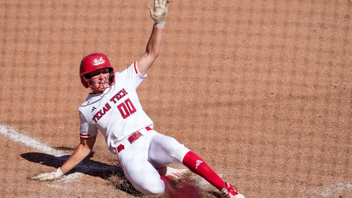 Texas Tech's Jackie Lis slides in for the game-winning run to complete the 10-9 comeback win over Ole Miss during the Lubbock Regional of the NCAA Division I softball tournament, Saturday, May 16, 2026, at Tracy Sellers Field.