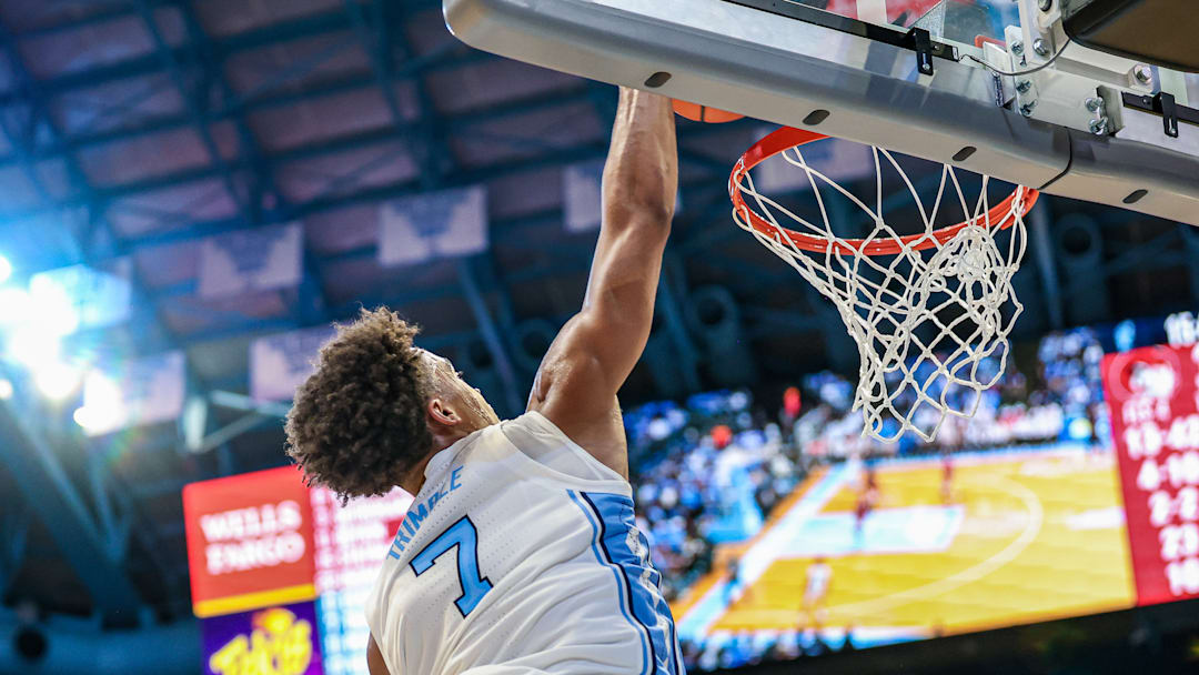 Seth Trimble throwing down a dunk during North Carolina's 95-53 win over Winston-Salem State in exhibition game on Oct. 29, 2025.