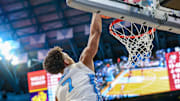 Seth Trimble throwing down a dunk during North Carolina's 95-53 win over Winston-Salem State in exhibition game on Oct. 29, 2025.