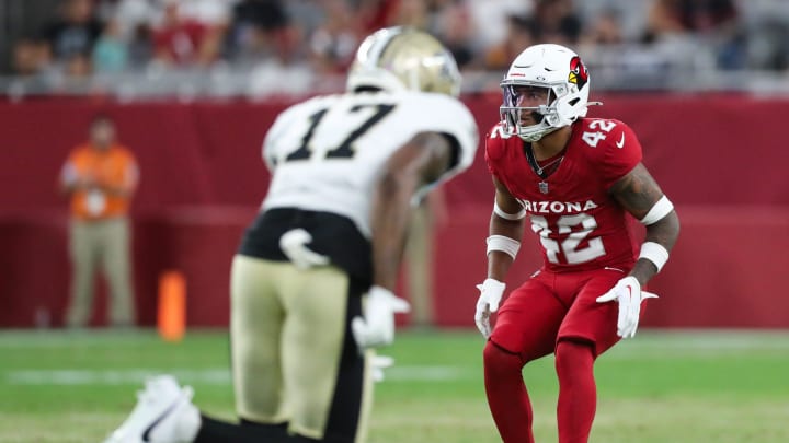 Arizona Cardinals safety D. Taylor-Demerson (42) backs up in coverage during a preseason game on Aug. 10, 2024 at State Farm Stadium in Glendale.