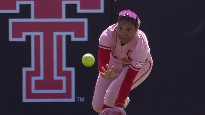 Texas Tech's Mihyia Davis charges in to make the catch against Iowa State during a Big 12 Conference softball game, Sunday, March 29, 2026, at Tracy Sellers Field.