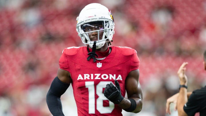 Arizona Cardinals wide receiver Marvin Harrison Jr. (18) warms up before a preseason game on Aug. 10, 2024 at State Farm Stadium in Glendale.