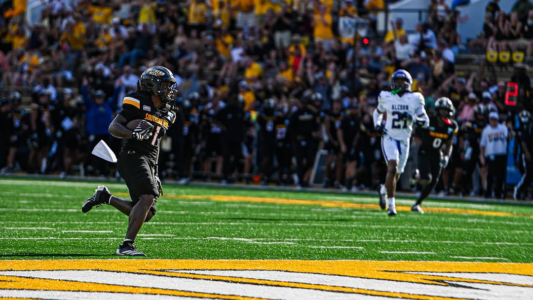 Southern Miss WR Mario Sanders finishes off a 38-yard pass for a touchdown during the Golden Eagles' 49-3 win over Alcorn State on Saturday, Sept. 5, 2026, at Renasant Stadium in Hattiesburg, Miss.