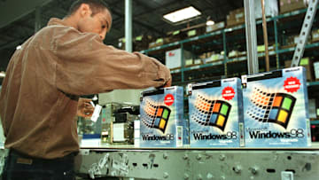 Microsoft's Windows 98 comes off the packaging line.