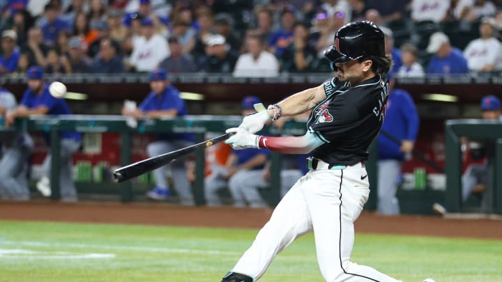 Arizona Diamondbacks outfielder Corbin Carroll (7) swings at a pitch on Aug. 28, 2024 at Chase Field in Phoenix.