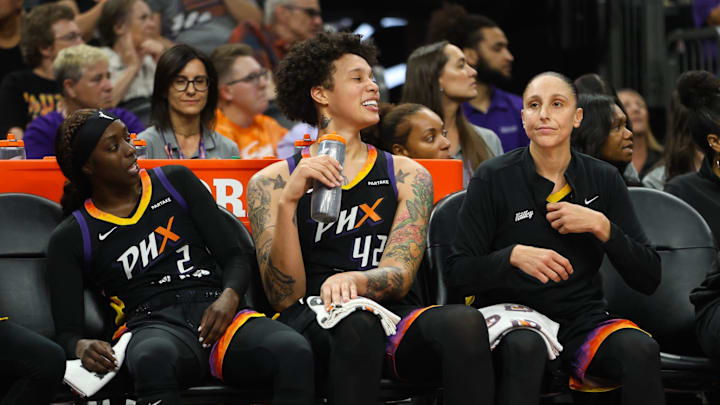 Phoenix Mercury guard Kahleah Copper (2), Phoenix Mercury center Brittney Griner (42) and Phoenix Mercury guard Diana Taurasi (3) sit son the bench during the final minutes of the Mercury win over the Chicago Sky on Aug. 18, 2024 at Footprint Center in Phoenix.