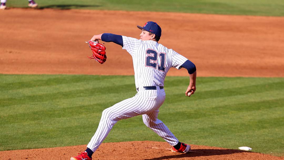 RHP Mason Morris throws a pitch for the Ole Miss Rebels against Wright State at Swayze Field in Oxford, Miss., on March 2, 2025.