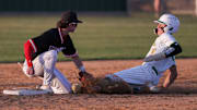 Shallowater's Brayden Gurney tags out Idalou's Colt Gandy during a District 2-3A baseball game, Tuesday, April 15, 2025, at the Idalou ISD Baseball Complex.