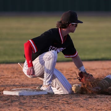 Shallowater's Brayden Gurney tags out Idalou's Colt Gandy during a District 2-3A baseball game, Tuesday, April 15, 2025, at the Idalou ISD Baseball Complex.