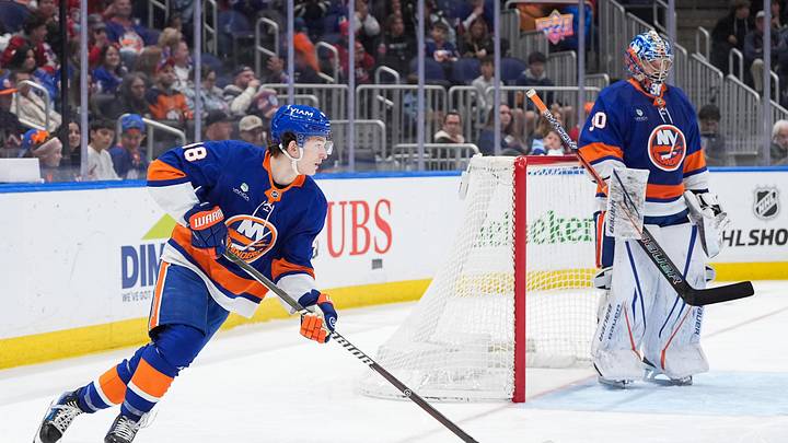Apr 12, 2026; Elmont, New York, USA; New York Islanders defenseman Matthew Schaefer (48) carries the puck against the Montreal Canadiens in the third period at UBS Arena. Mandatory Credit: Alexander Wohl-Imagn Images