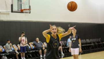 Iowa's Lucy Olsen throws a pass during practice on July 16, 2024 at Carver-Hawkeye Arena in Iowa City, Iowa. (Photo: Rob Howe/HN) 