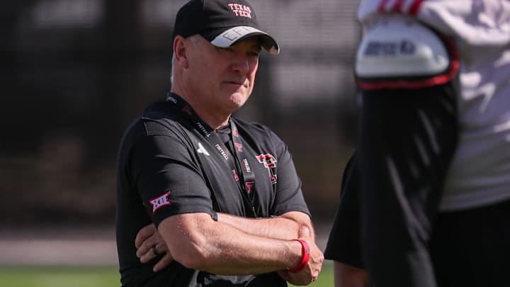 Texas Tech head coach Joey McGuire looks on during spring football practice, Tuesday, March 24, 2026, at the Womble Football Center.