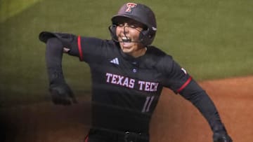 Texas Tech's Lauren Allred reacts to her run-scoring hit against Oklahoma State during a Big 12 Conference softball game, Friday, March 8, 2025, at Rocky Johnson Field.