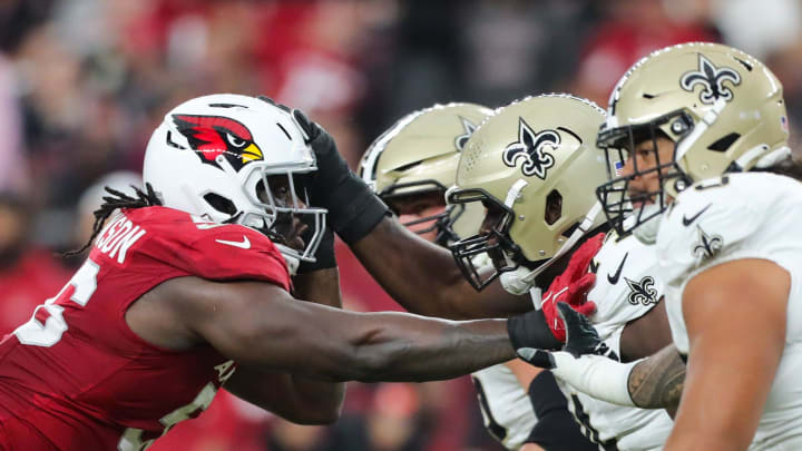 Arizona Cardinals defensive tackle Darius Robinson (56) rushes the line during a preseason game on Aug. 10, 2024 at State Farm Stadium in Glendale.