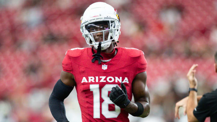 Arizona Cardinals wide receiver Marvin Harrison Jr. (18) warms up before a preseason game on Aug. 10, 2024 at State Farm Stadium in Glendale.