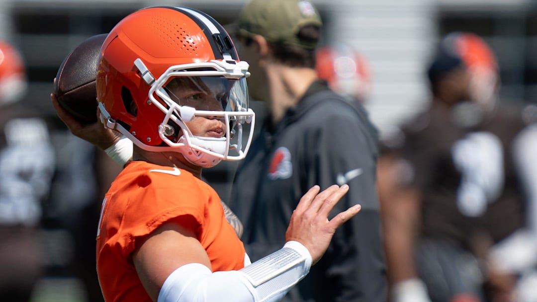 Quarterback Dillon Gabriel passes the ball at the Browns mini camp in Berea on April 21, 2026.