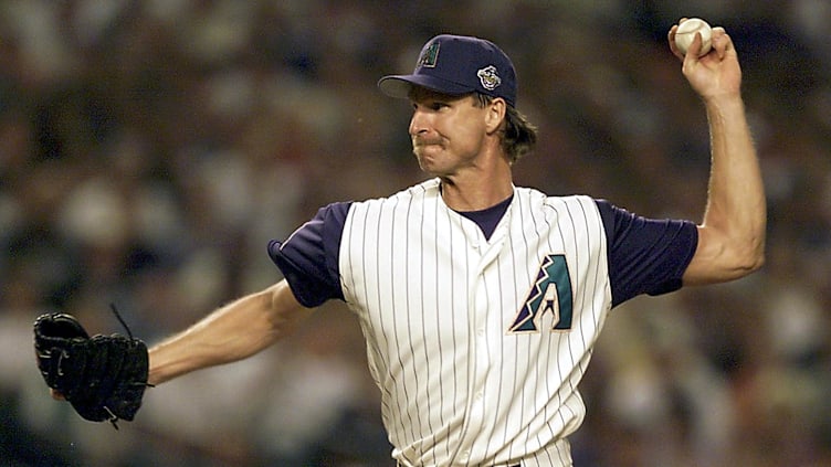 Arizona starting pitcher Randy Johnson throws duri