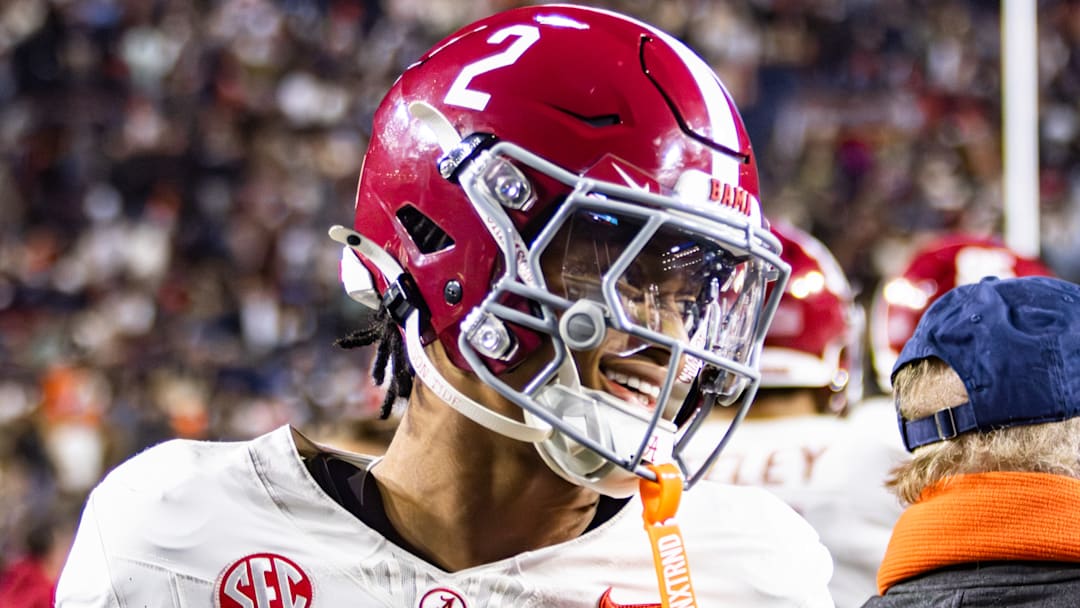 Alabama wide receiver Ryan Williams is all smiles after winning the Iron Bowl on November 29, 2025.