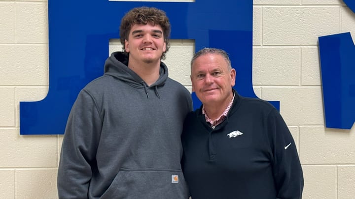 Cass High School offensive lineman Bear McWhorter entertains Arkansas Razorbacks coach Sam Pittman during recent school visit Jan. 22, 2025 Cass High School offensive lineman Bear McWhorter entertains Arkansas Razorbacks coach Sam Pittman during recent school visit Jan. 22, 2025
