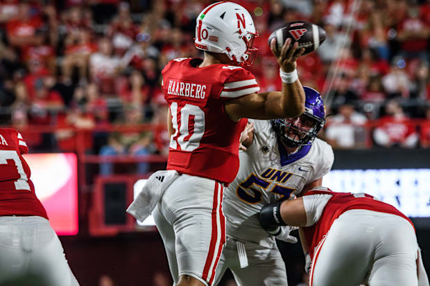 Henrich Haarberg (10) replaced Raiola at quarterback for the final eight minutes of the game against Northern Iowa.