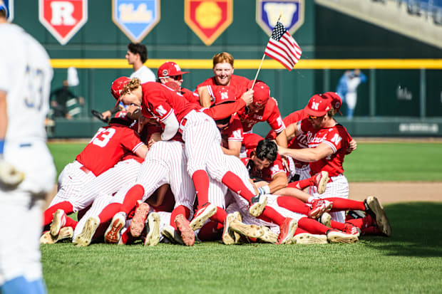 The Huskers dogpile after winning back-to-back Big Ten Tournament Championships. 