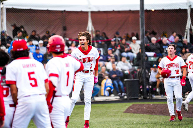 California high school baseball: Billy Carlson celebrates homerun.