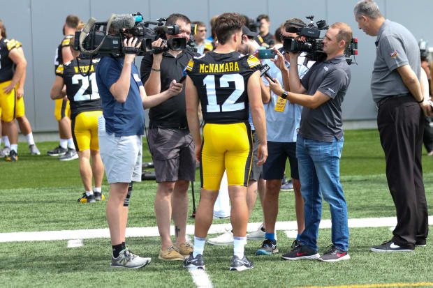 Iowa QB Cade McNamara speaks with reporters at the team's annual media day on Aug. 9, 2024 in Iowa City. (Rob Howe/HN)