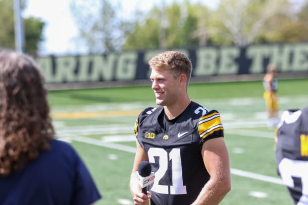 Iowa TRB Kaden Wetjen speaks with reporters at the team's annual media day on Aug. 9, 2024 in Iowa City. (Rob Howe/HN)