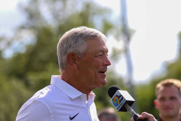 Iowa coach Kirk Ferentz talks with reporters  at the team's annual media day on Aug. 9, 2024 in Iowa City. (Rob Howe/HN)