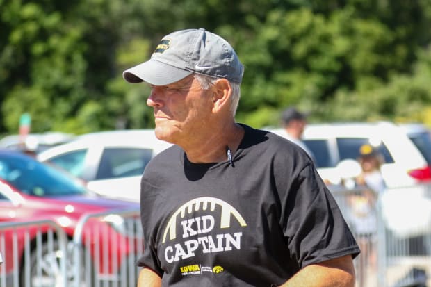 Iowa coach Kirk Ferentz walks to Kinnick Stadium for practice on Aug. 10, 2024 in Iowa City. (Rob Howe/HN)  