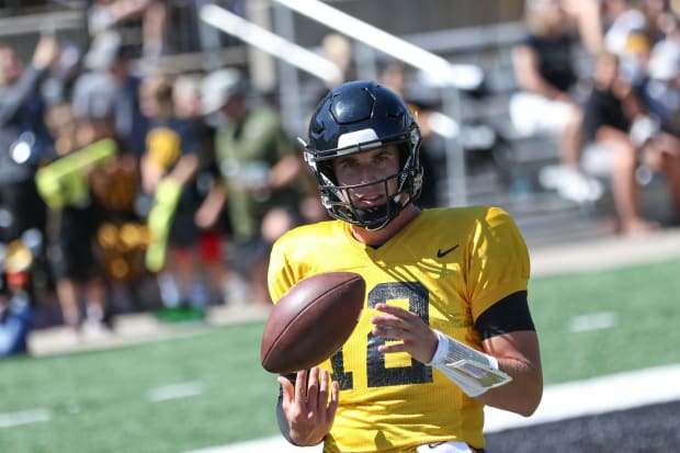 Iowa QB Cade McNamara at practice on Aug. 10, 2024 in Iowa City. (Rob Howe/HN) 