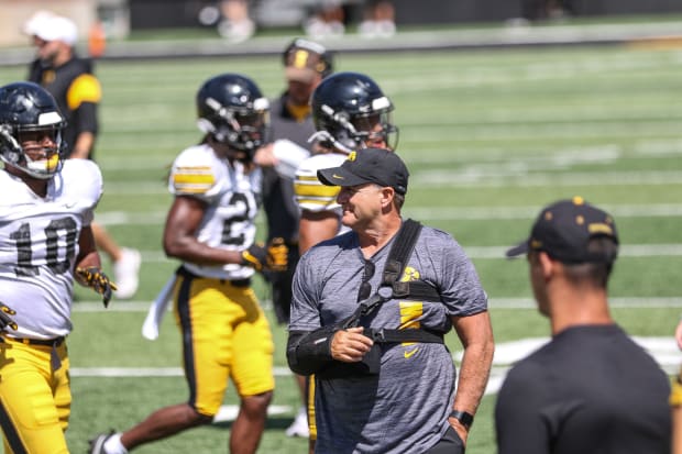 Iowa assistant coach Phil Parker at practice on Aug. 10, 2024 in Iowa City. (Rob Howe/HN) 