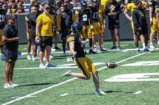 Iowa punter Rhys Dakin at practice on Aug. 10, 2024 in Iowa City. (Rob Howe/HN) 