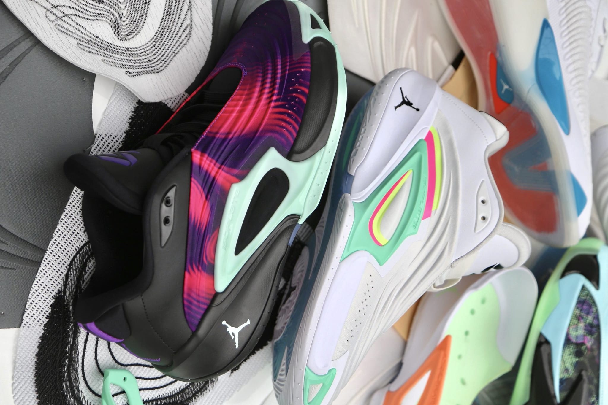 Side view of Luka Doncic's multicolor Jordan Brand sneakers.