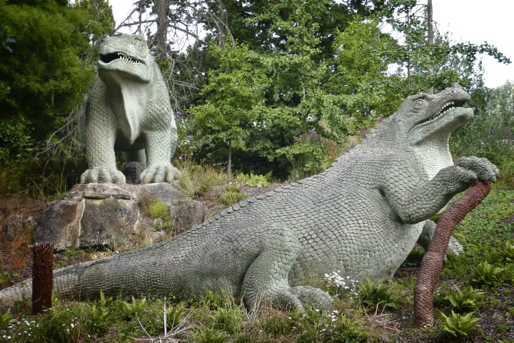 Two of Hawkins's dinos in Crystal Palace Park, Sydenham
