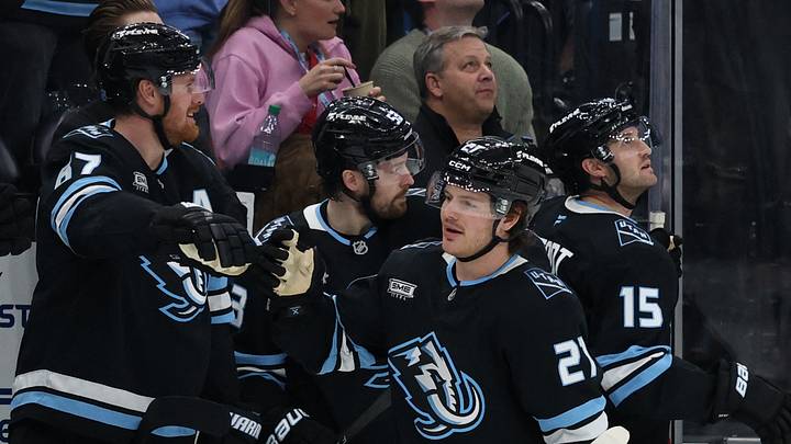 Feb 27, 2026; Salt Lake City, Utah, USA; The Utah Mammoth celebrates a goal against the Minnesota Wild by center Barrett Hayton (27) during the third period at Delta Center. Mandatory Credit: Rob Gray-Imagn Images