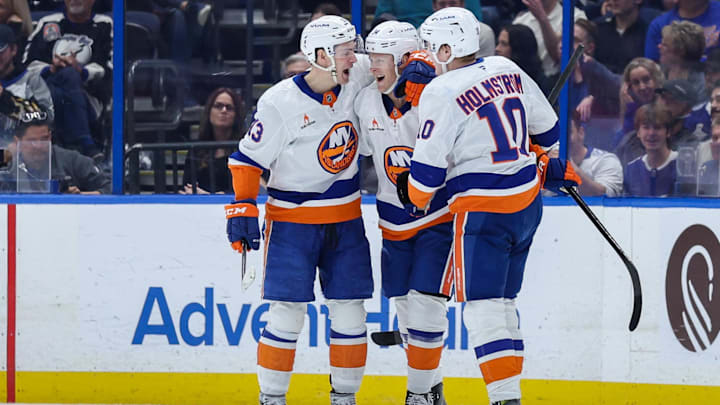 Feb 1, 2025; Tampa, Florida, USA; New York Islanders defenseman Adam Boqvist (34) celebrates after scoring a goal against the Tampa Bay Lightning in the second period at Amalie Arena. Mandatory Credit: Nathan Ray Seebeck-Imagn Images