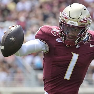 Sep 6, 2025; Tallahassee, Florida, USA; Florida State Seminoles quarterback Tommy Castellanos (1) runs the ball during the first half against the East Texas A&M Lions at Doak S. Campbell Stadium. Mandatory Credit: Melina Myers-Imagn Images